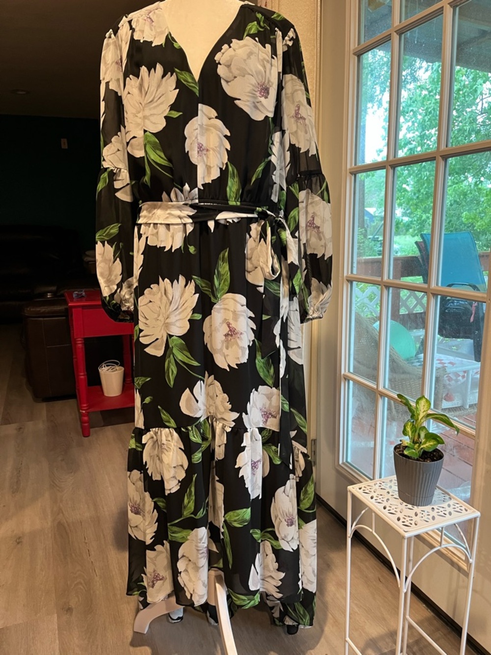 Taylor Black Maxi Wrap Dress with White Floral Print and Green Leaves